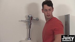 Hardcore action happening for Tobias in the public toilet